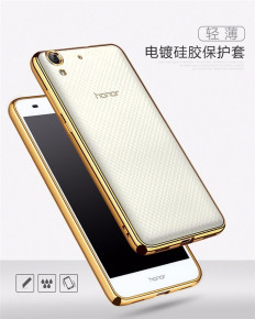 Луксозен силиконов гръб ТПУ прозрачен Fashion за Huawei Y6 II CAM-L21 / Huawei Honor Holly 3 златист кант